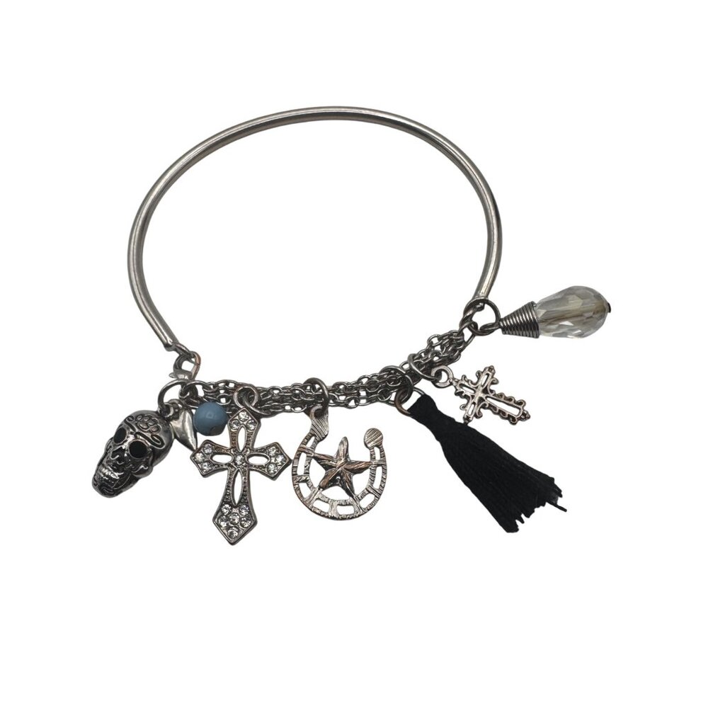 Silver Charm Bangle Bracelet Cross Skull Horseshoe Black Tassel Teardrop Pendant